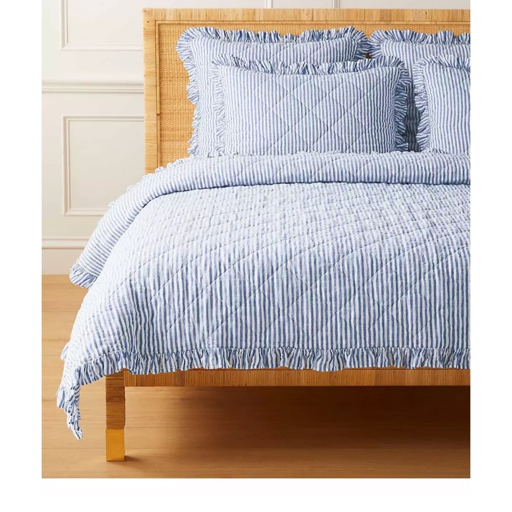 Serena & Lily king size linen quilt in blue and white stripe.